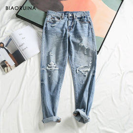 BIAORUINA Women's Washing Bleached Holes Fashion Light Blue Jeans Female Scratched Ripped Casual Straight Jeans Plus Size