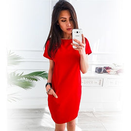 O-neck Short Sleeve Solid Party Dress Loose Straight Fashion Pockets Elegant Feminina Vestidos Casual Vintage Women Summer New