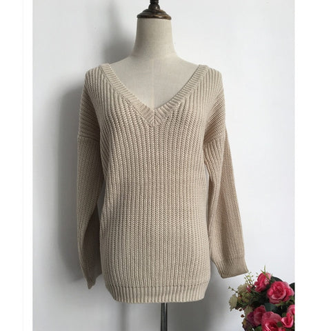 Rugod 2019 New Sexy Backless V-neck Sweater Women Pullover Autumn Winter Casual Knitted Sweater Femme Pullover Oversized Jumpers