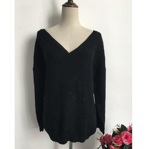 Rugod 2019 New Sexy Backless V-neck Sweater Women Pullover Autumn Winter Casual Knitted Sweater Femme Pullover Oversized Jumpers