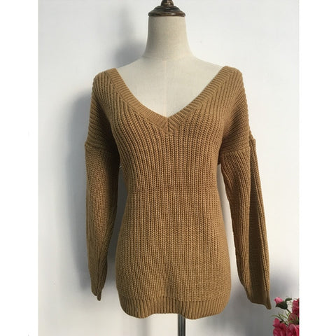 Rugod 2019 New Sexy Backless V-neck Sweater Women Pullover Autumn Winter Casual Knitted Sweater Femme Pullover Oversized Jumpers