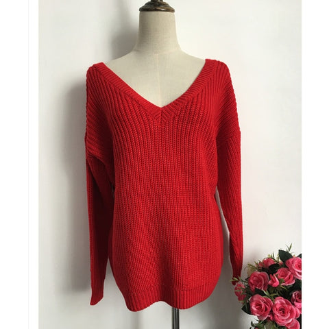 Rugod 2019 New Sexy Backless V-neck Sweater Women Pullover Autumn Winter Casual Knitted Sweater Femme Pullover Oversized Jumpers