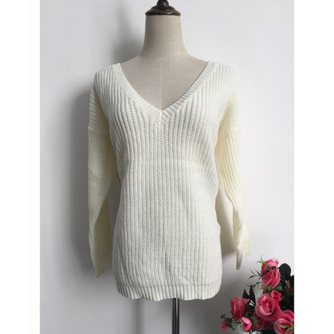 Rugod 2019 New Sexy Backless V-neck Sweater Women Pullover Autumn Winter Casual Knitted Sweater Femme Pullover Oversized Jumpers