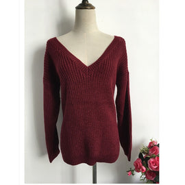 Rugod 2019 New Sexy Backless V-neck Sweater Women Pullover Autumn Winter Casual Knitted Sweater Femme Pullover Oversized Jumpers