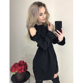 Women Sexy Off Shoulder Ruffle Mini A Line Dress Casual Solid Long Sleeve Dress 2019 Autumn Women  Fashion Elegant Party Dresses