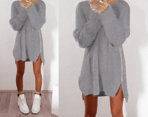 Autumn Winter Knitted Cotton Sweater Dresses Women  Loose Round Neck Solid Pullover Female Knitted Dress Vestidos Plus Size