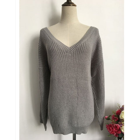 Rugod 2019 New Sexy Backless V-neck Sweater Women Pullover Autumn Winter Casual Knitted Sweater Femme Pullover Oversized Jumpers