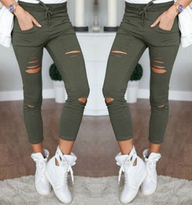 2018 Sexy Women High Waist Denim Stretch Jeans Destroy Skinny Ripped Distressed Hole Ankle Length Pants Trousers Army green