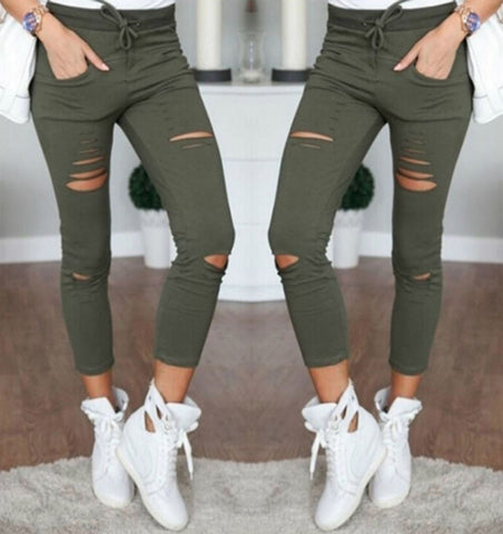 2018 Sexy Women High Waist Denim Stretch Jeans Destroy Skinny Ripped Distressed Hole Ankle Length Pants Trousers Army green