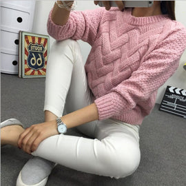 Winter O-neck Women's Sweater Jersey Woman Mohair Knitted Twisted Thick Warm Lady's Pullover  College Jumper Women Pink Gray