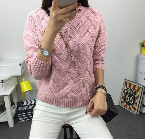 Winter O-neck Women's Sweater Jersey Woman Mohair Knitted Twisted Thick Warm Lady's Pullover  College Jumper Women Pink Gray