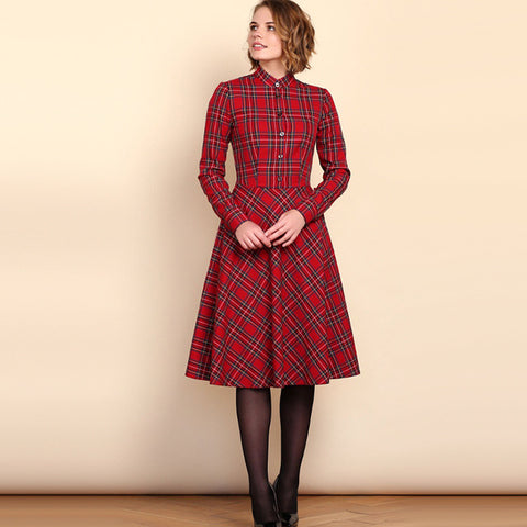 Women Plaid Casual a Line Party Dress Ladies Long Sleeve Stand Collar Elegant Office Dress 2019 Fashion Women Midi Dress Vintage