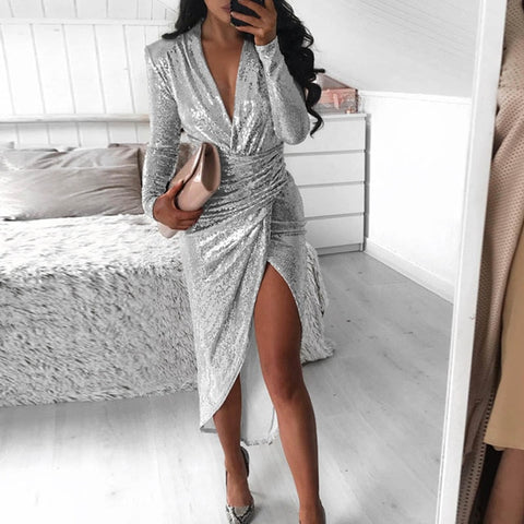 Lady Sequin Glitter Shiny Club Mini Dress Women Sexy Deep V-neck Slit Bodycon Dress Autumn Long Sleeve Party Dress Dropshipping