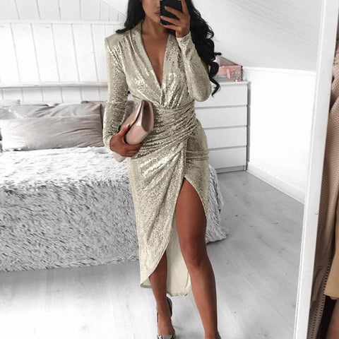 Lady Sequin Glitter Shiny Club Mini Dress Women Sexy Deep V-neck Slit Bodycon Dress Autumn Long Sleeve Party Dress Dropshipping