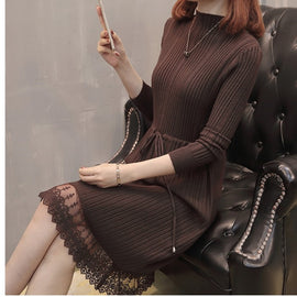 Women Warm Sweater Dress Autumn Winter Elastic Soild Long Sleeve Casual A-line Knitting dress Female Patchwork Race knit dress