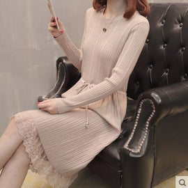 Women Warm Sweater Dress Autumn Winter Elastic Soild Long Sleeve Casual A-line Knitting dress Female Patchwork Race knit dress