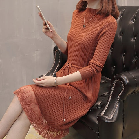 Women Warm Sweater Dress Autumn Winter Elastic Soild Long Sleeve Casual A-line Knitting dress Female Patchwork Race knit dress