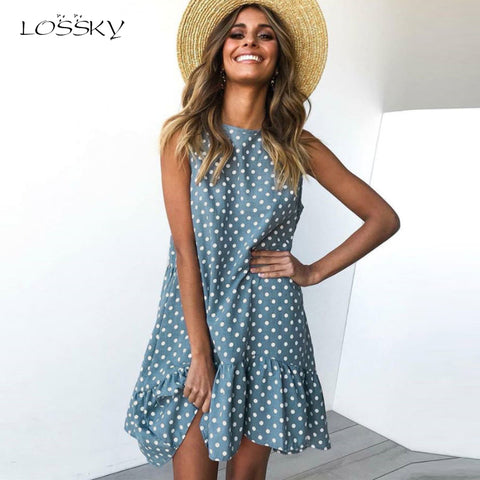 Lossky Women Summer Dress Fashion Polka Dot Sleeveless Beach Mini Dress Casual Printed Short Loose Blue Sundress 2019 vestidos