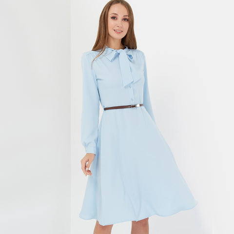 Women Vintage Bow Collar A Line Party Dress Office Ladies Long Sleeve Elegant Dress 2019 Autumn Women Knee Length Solid Dresses