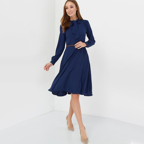 Women Vintage Bow Collar A Line Party Dress Office Ladies Long Sleeve Elegant Dress 2019 Autumn Women Knee Length Solid Dresses