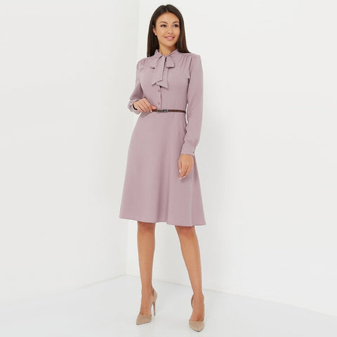 Women Vintage Bow Collar A Line Party Dress Office Ladies Long Sleeve Elegant Dress 2019 Autumn Women Knee Length Solid Dresses