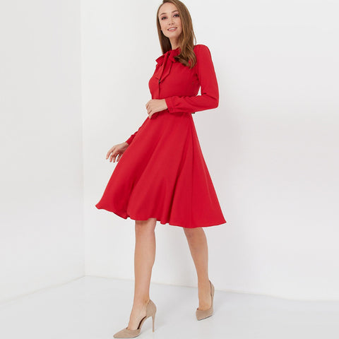 Women Vintage Bow Collar A Line Party Dress Office Ladies Long Sleeve Elegant Dress 2019 Autumn Women Knee Length Solid Dresses