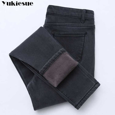 2019 Winter Jeans Women Gold Fleeces Inside Thickening Denim Pants High Waist Warm Trousers Female jeans woman Pants Plus size