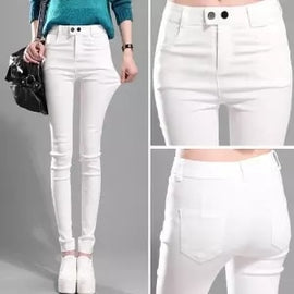 High Stretch Waist Women Elastic Skinny Pencil Jeans Leggins With Buttons Black Denim Trousers Pants