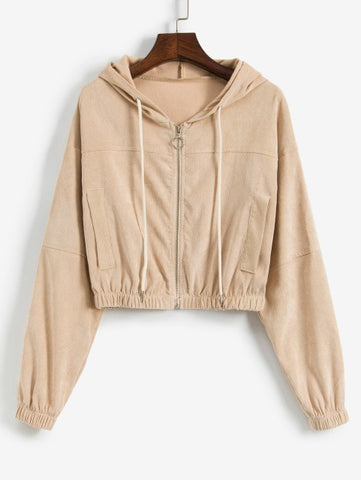 ZAFUL Winter Solid Women Causal Jackets Hooded Long Sleeves Female Corduroy Pullovers Zip Up Drawstring Pocket Femme Crop Jacket