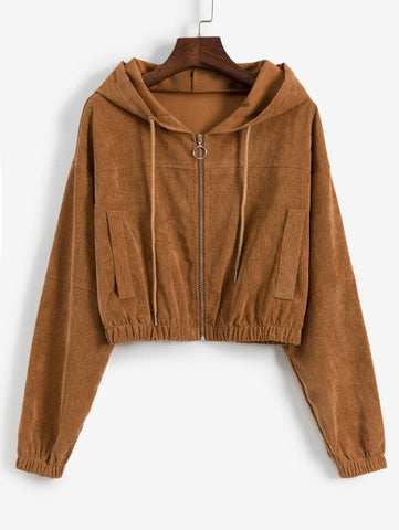 ZAFUL Winter Solid Women Causal Jackets Hooded Long Sleeves Female Corduroy Pullovers Zip Up Drawstring Pocket Femme Crop Jacket