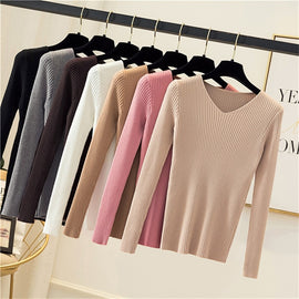 DeRuiLaDy 2019 Fall Winter Women Sweater Fashion Slim Sweaters Wild Vintage Knitted V-Neck Soft Warm Pink Pullover Sweater Tops