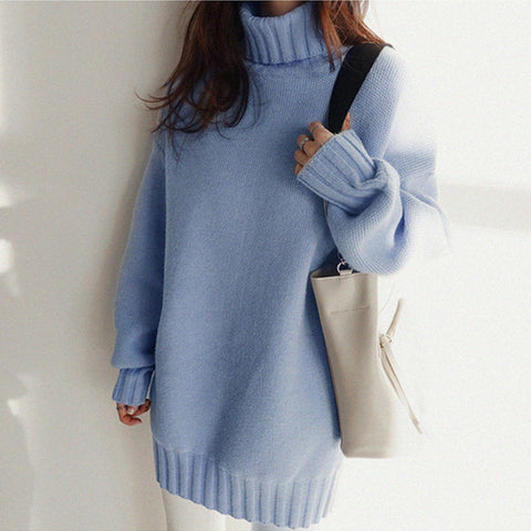 Flectit Chunky Turtleneck Sweater Grey Black Light Blue Solid Oversize Long Pullovers Knit Top Fall Winter Outfits *