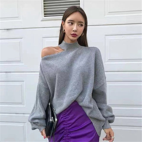 Alien Kitty Halter Bare Shoulders Knitted Office Ladies Winter Autumn Loose Irregular Casual Elegant High Street Sweaters Tops