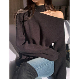 Alien Kitty Halter Bare Shoulders Knitted Office Ladies Winter Autumn Loose Irregular Casual Elegant High Street Sweaters Tops