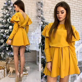 Women Sashes Ruffled a Line Party Dress Ladies Long Sleeve O Neck Elegant Dress 2019 Female autumn Solid Mini Dress