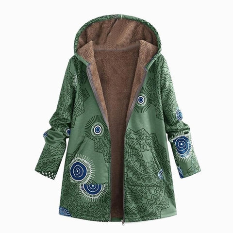 Womens Casual Winter Coat jacket Warm velvet Outwear Floral Print Hooded Pockets Zipper Print Ethnic Style Outwear Dropshipping