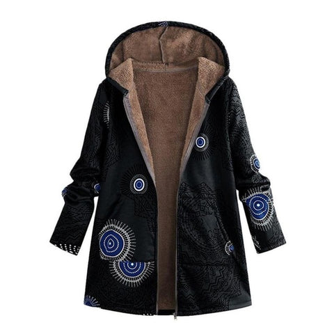 Womens Casual Winter Coat jacket Warm velvet Outwear Floral Print Hooded Pockets Zipper Print Ethnic Style Outwear Dropshipping