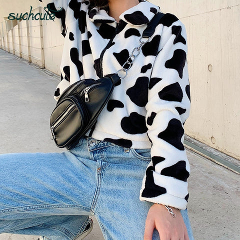 SUCHCUTE Fur Coats For Women Cow Print Teddy Jacket Modis Longslive Zipper Casual Warm Autumn Winter 2019 Harajuku Coat Female