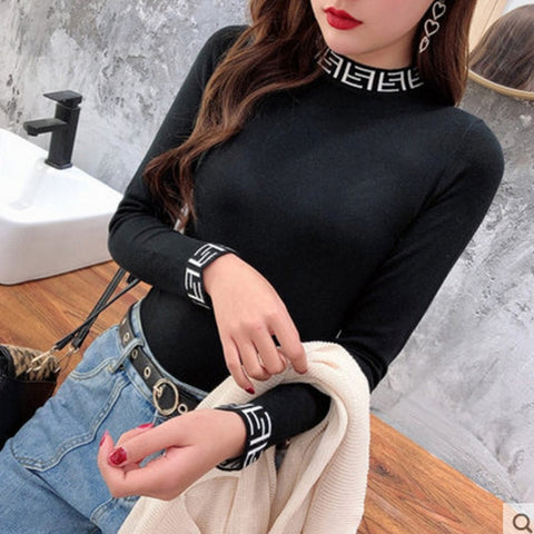 Womens Sweaters Autumn and Winter Fashion Women's Sweater High ElasticTurtleneck Sweater Female Slim Letter Long Sleeve Pullover