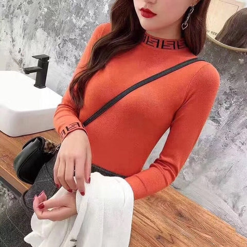 Womens Sweaters Autumn and Winter Fashion Women's Sweater High ElasticTurtleneck Sweater Female Slim Letter Long Sleeve Pullover