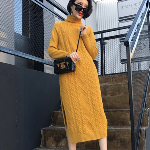 Fashion Sweater Dress Women Turtleneck Sweaters Dresses Korean Woman Knitted Long Dresses Women High Waist Sweaters Dress Thick