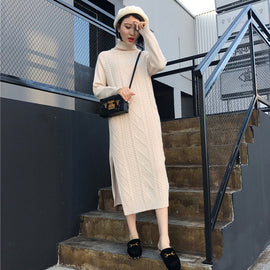 Fashion Sweater Dress Women Turtleneck Sweaters Dresses Korean Woman Knitted Long Dresses Women High Waist Sweaters Dress Thick