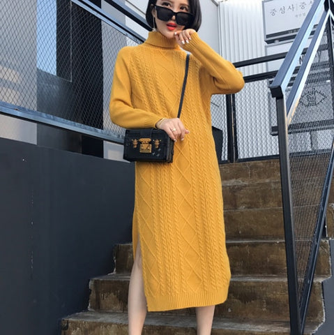 Fashion Sweater Dress Women Turtleneck Sweaters Dresses Korean Woman Knitted Long Dresses Women High Waist Sweaters Dress Thick