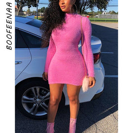 BOOFEENAA Neon Pink Sexy Bodycon Dress Women High Collar Long Sleeve Mini Sweater Dresses 2019 Party Club Dress Vestidos C77-I67