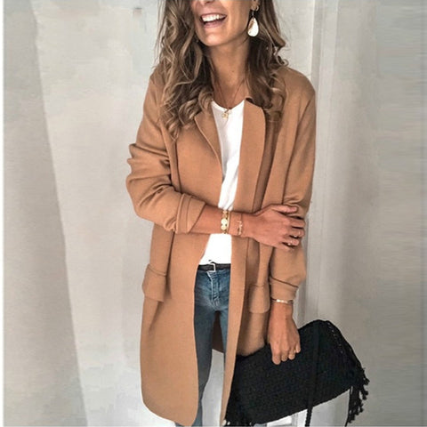 Autumn Long Sleeve Patch Pocket Coat Women 3XL Casual Turn-Down Collar Jacket Overcoat Plus Size Tops Outwear Windbreake Female