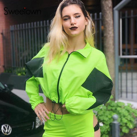 Sweetown Neon Color Bomber Jacket Women Casual Contrast Color Jackets Coats Long Sleeve Turtleneck Autumn Crop Jacket Streetwear