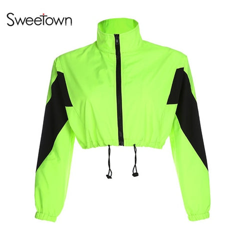 Sweetown Neon Color Bomber Jacket Women Casual Contrast Color Jackets Coats Long Sleeve Turtleneck Autumn Crop Jacket Streetwear