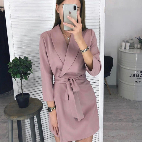 Women Sexy Sashes a Line v Neck Dress Ladies Long Sleeve Solid Casual Elegant Dress 2019 New Fashion Winter Dress Vintage Mini