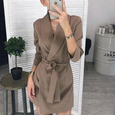 Women Sexy Sashes a Line v Neck Dress Ladies Long Sleeve Solid Casual Elegant Dress 2019 New Fashion Winter Dress Vintage Mini