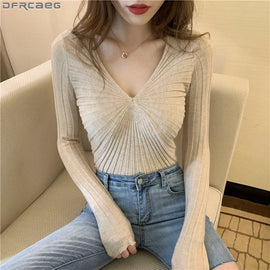 2019 Autumn Winter Knitted Sweater Women Fashion Sexy Deep V Neck Pull Femme Long Sleeve Pullover Slim Stretch Tops White Black